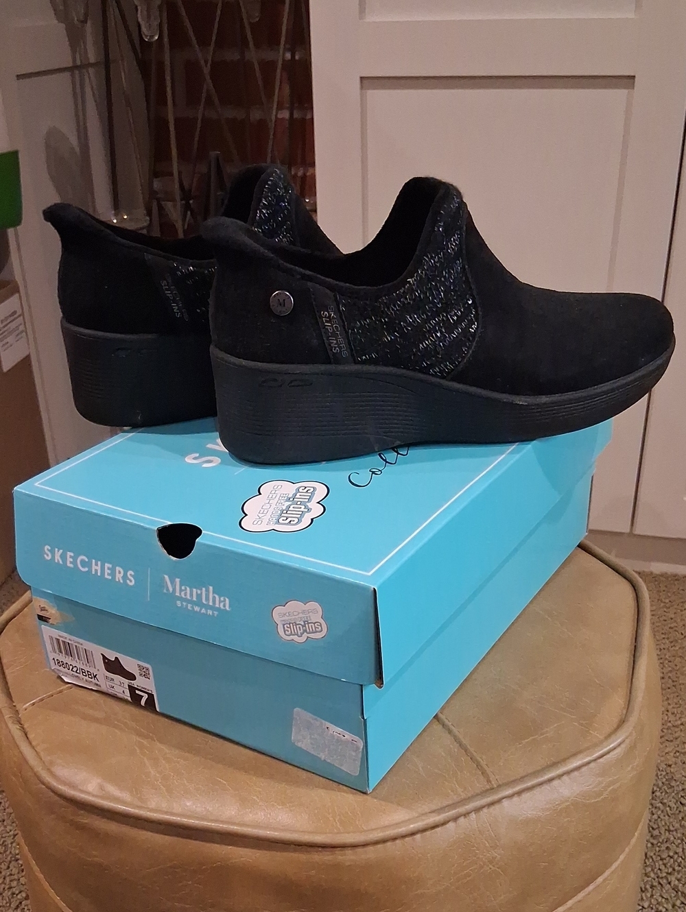 Skechers Black Slip-On Wedge Sneakers with Subtle Knit Panels